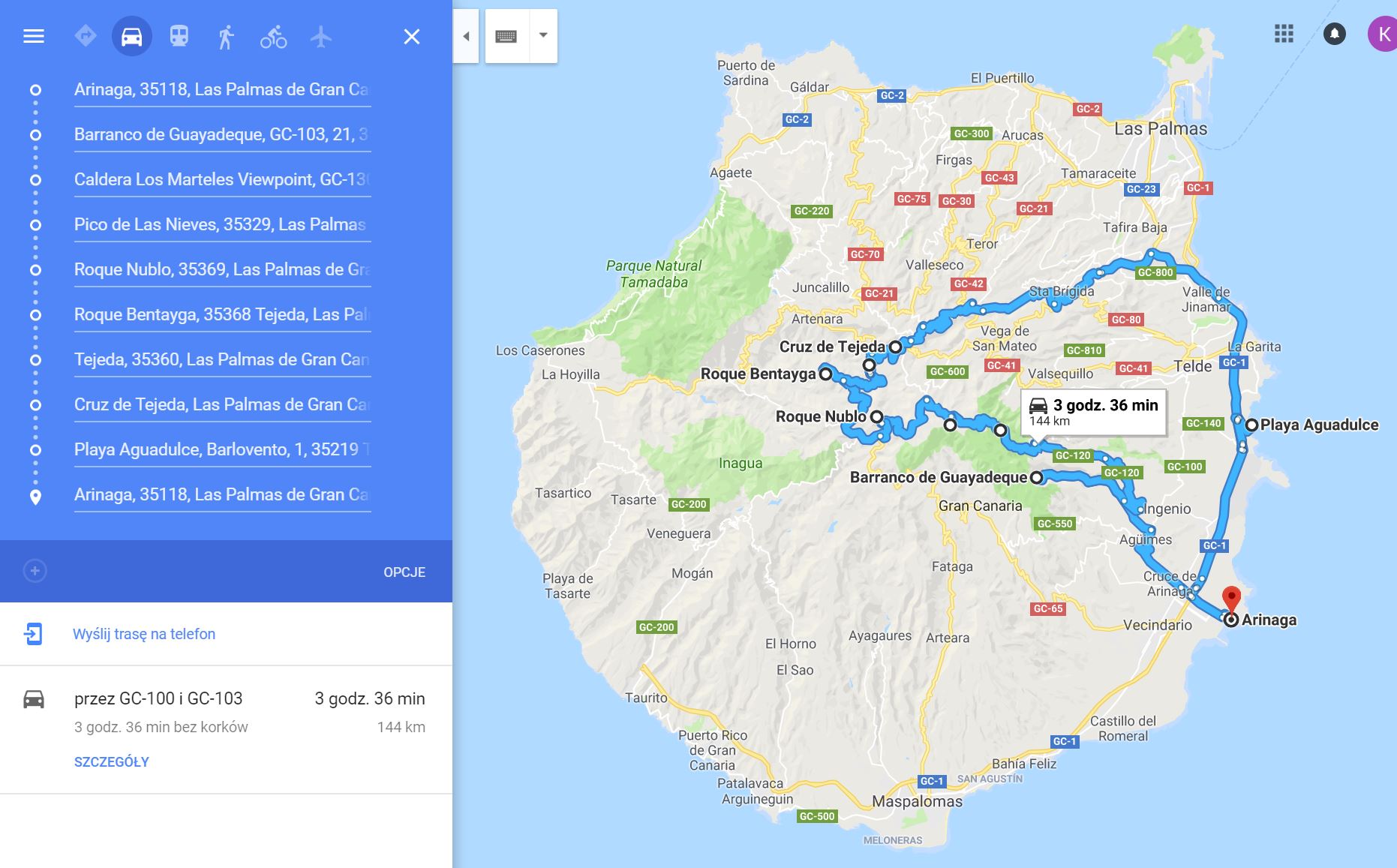 mapa przejazdu Gran Canaria dzień 1