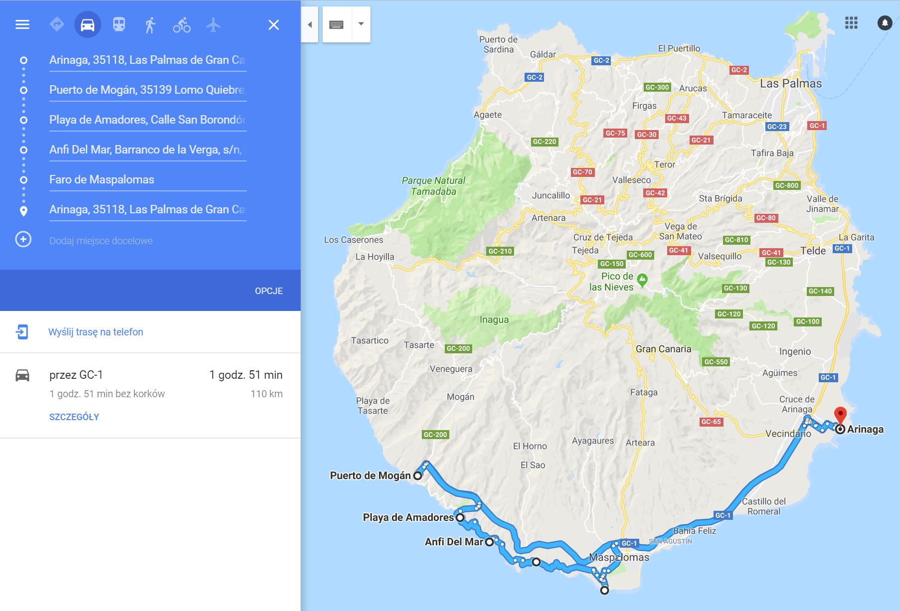 mapa przejazdu Gran Canaria dzień 2