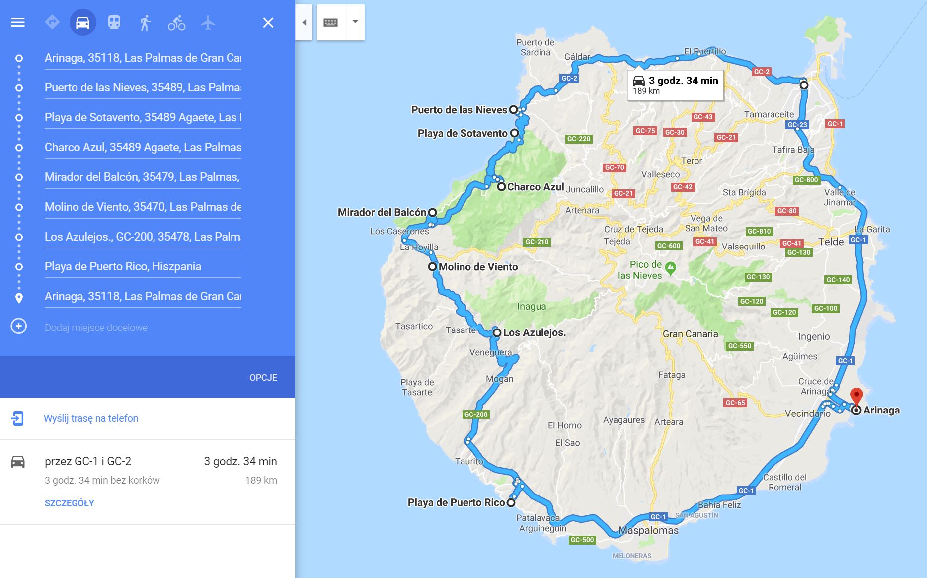 Gran Canaria mapa przejazdu wokół wyspy